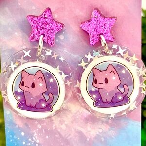 Acrylic Space Cat Dangle Earrings